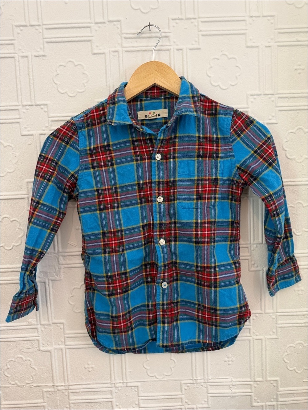 Mini Boden Boys Bright Blue Red Plaid Button Down Shirt Long Sleeve 6-7Y